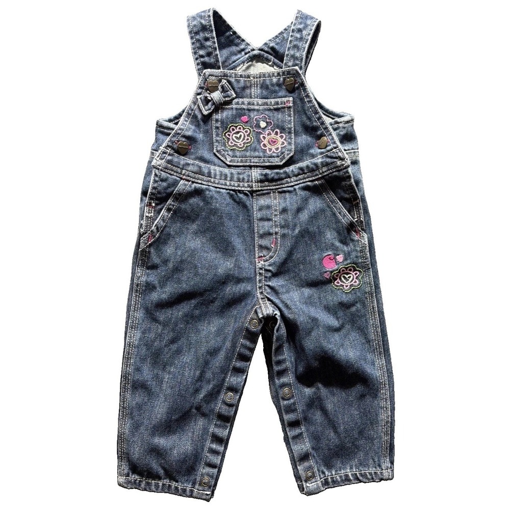 Carhartt Girls Denim Embroidered Overalls Sz. 9M Adjustable Straps Heart Buttons